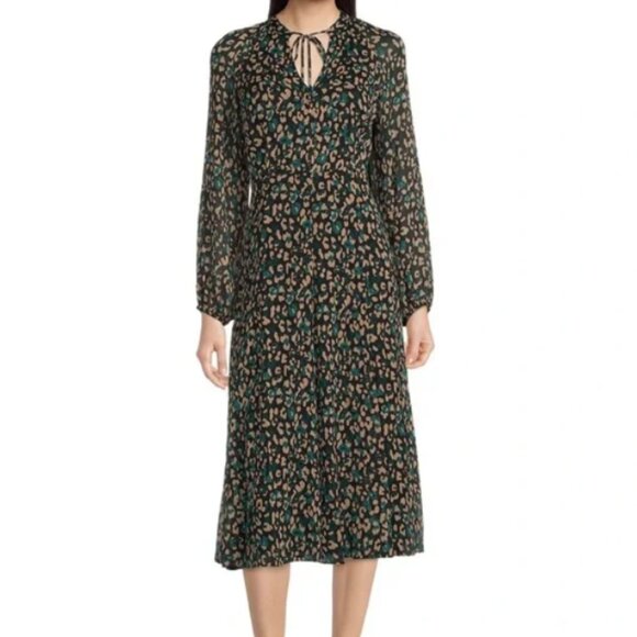 Tommy Hilfiger Midi Dress 10 Green Animal Print Chiffon Romantic Feminine - Picture 1 of 13